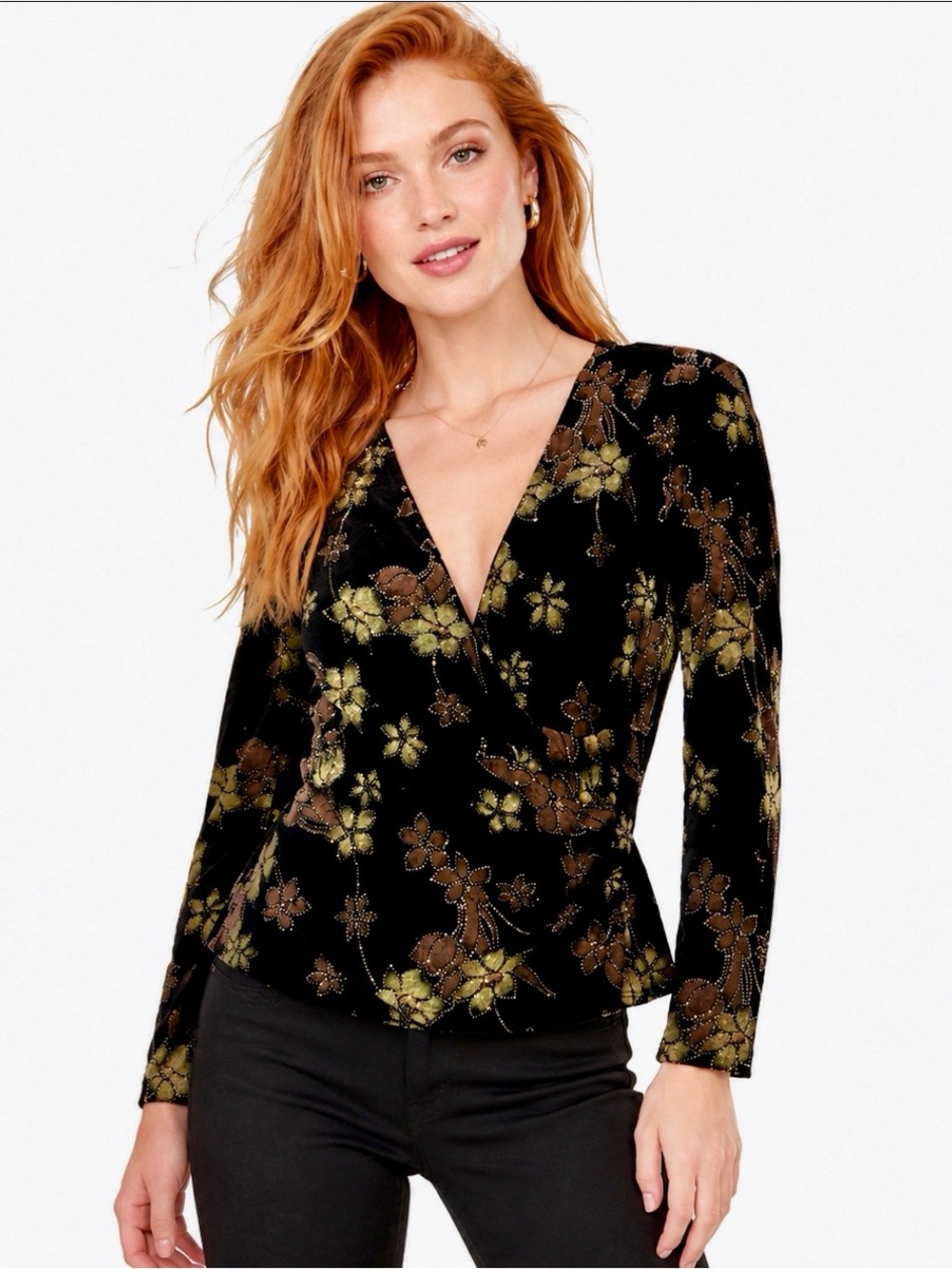 Ronni Nicole Petite Black Gold Floral Mock Wrap Top PS Whimsigoth